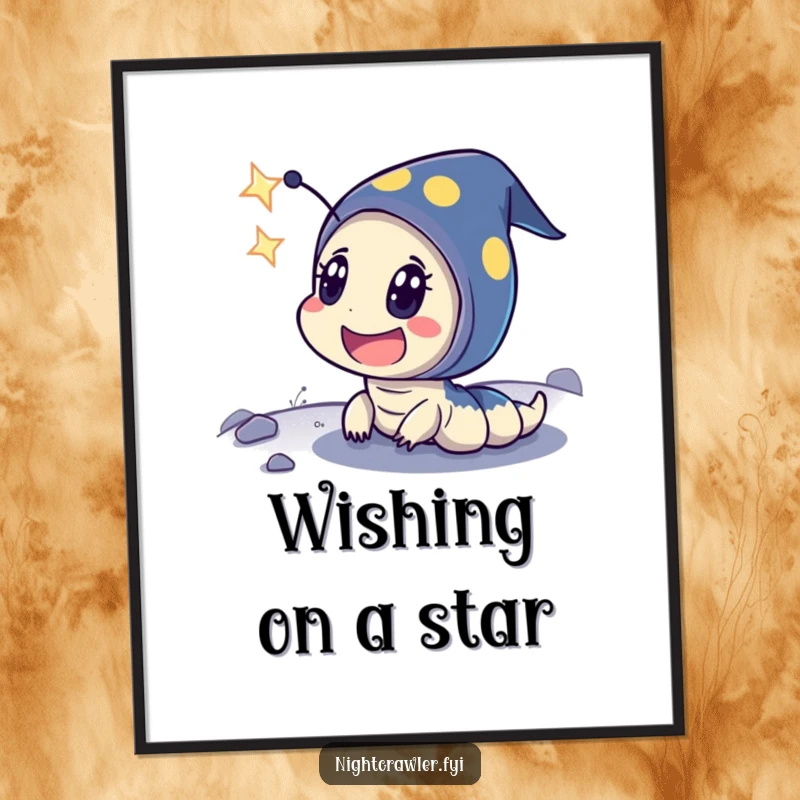 Funny Free Printable Wall Art: A smiling night crawler character shows exaggerated surprise witnessing a brilliant shooting star.