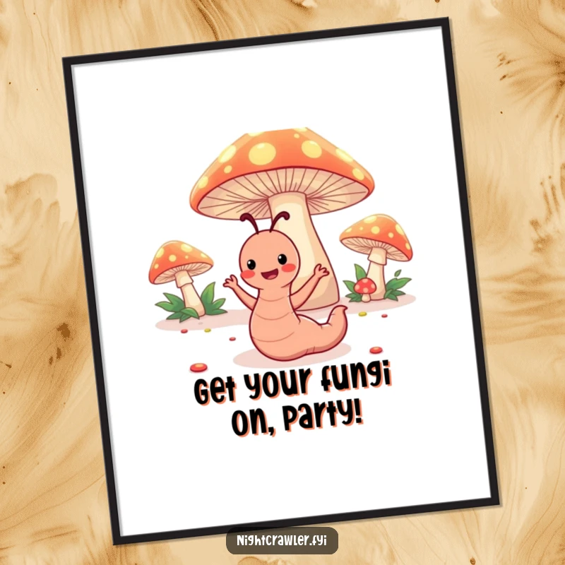 Funny Free Printable Wall Art: Happy worm character dances energetically under enchanting, glowing toadstools, full of joy.