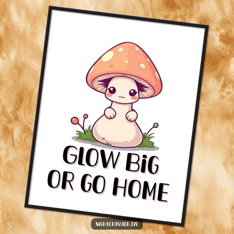 Funny Free Printable Wall Art: A shy worm peeking out from beneath a small, gently glowing mushroom cap.