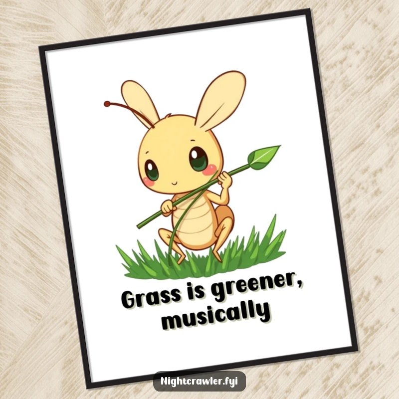 Free Printable wall art showing a cute cricket character happily strumming a blade of grass, creating a peaceful and musical vibe.