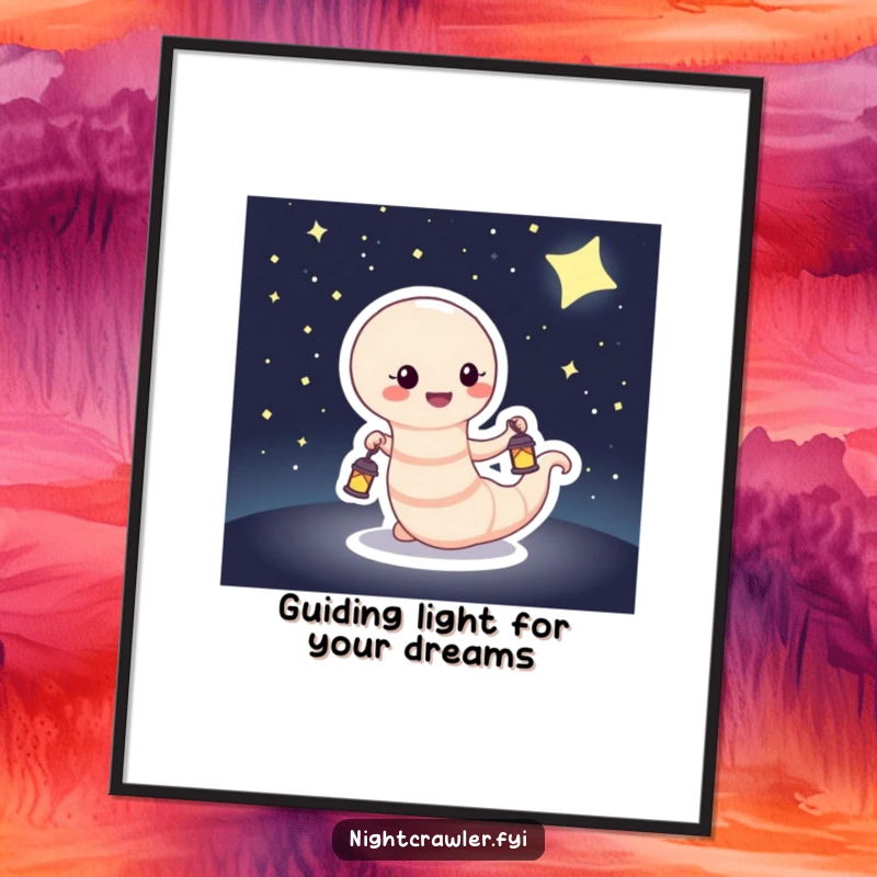 Funny Free Printable Wall Art of a happy worm with a lantern, navigating a starry night, perfect for charming home decor.
