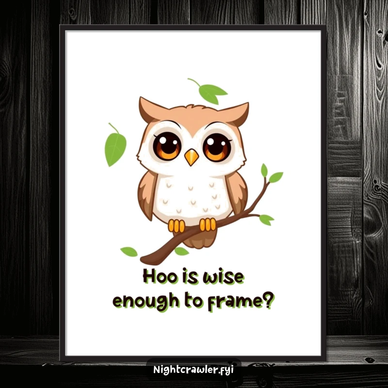 Funny Free Printable Owl Wall Art: Curious owl perched on a branch, eyes wide with wonder, charming wall decor.