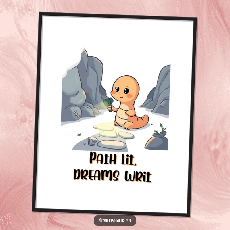 Funny Free Printable Wall Art: Earthworm holding a small flashlight, bravely illuminating a dark, winding path ahead.