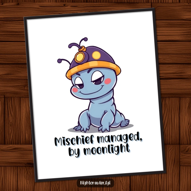 Funny Free Printable Wall Art: Mischievous night crawler wearing a small, glowing hat, looking playfully naughty, ideal for unique room decor.