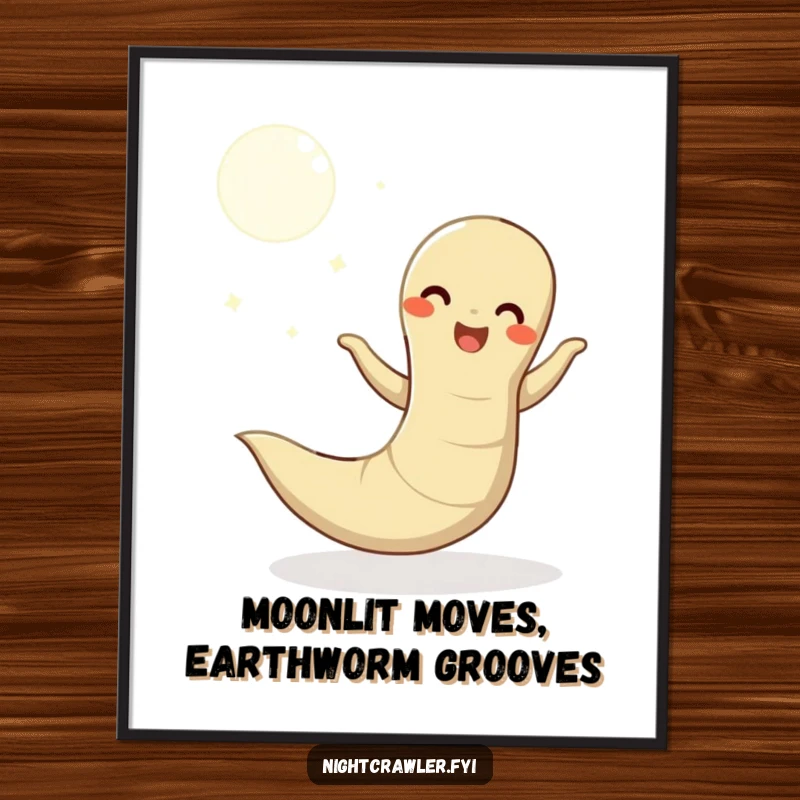 Funny Free Printable Wall Art: A happy earthworm doing a silly wiggly dance beneath a luminous moon.