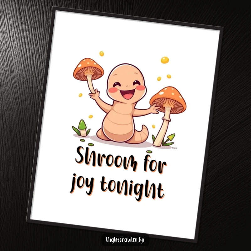 Funny Free Printable Wall Art: Earthworm gleefully juggling glowing mushrooms, creating a whimsical, vibrant scene.