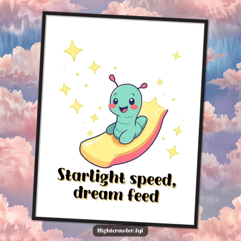 Funny Free Printable Wall Art: A smiling worm zooming down a slide made of starlight, evoking wonder and playful magic.
