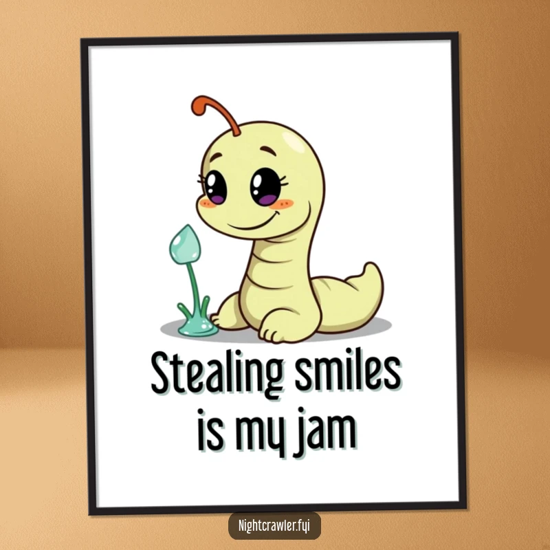 Funny Free Printable Wall Art: A worm smirks as it tries to swipe a glistening dewdrop, pure downloadable fun.