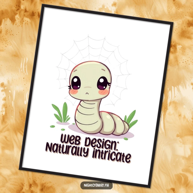 Funny Free Printable Wall Art depicting a kawaii worm character looking curious at a delicate, shimmering spider web.