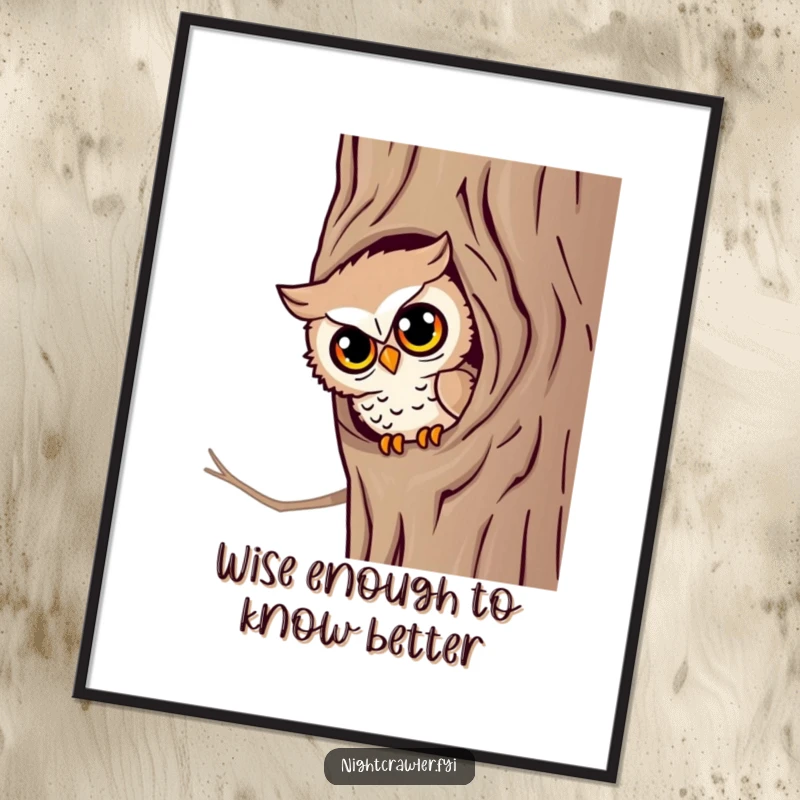 Free Printable wall art featuring a little owl character peeking from a tree hollow with wide, bright eyes, conveying curiosity.
