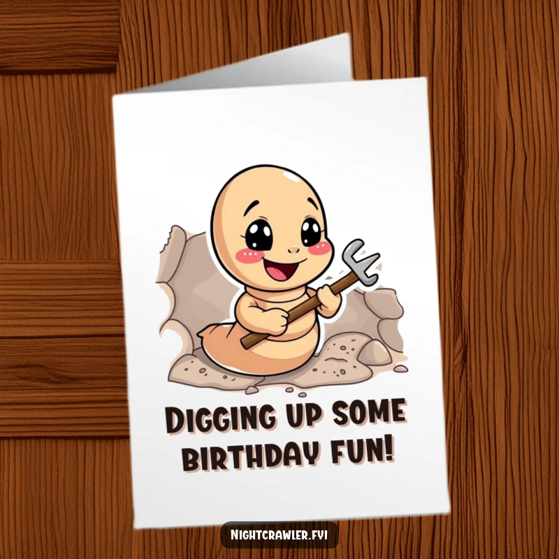 Funny Free Printable Birthday Card: Smiling earthworm enthusiastically digging a tunnel with tiny tools, celebrating a birthday underground, downloadable art.