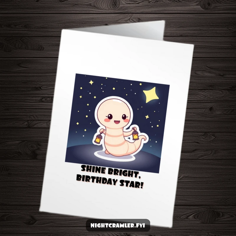 Funny Free Printable Birthday Card featuring a happy worm holding a tiny lantern, exploring a starry night, wishing a happy birthday.