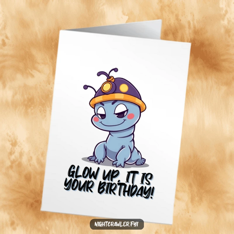 Funny Free Printable Birthday Card: Mischievous night crawler with glowing hat, plotting birthday fun with a sly grin, DIY gift.