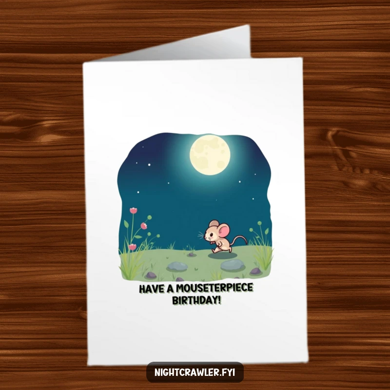 Funny Free Printable Birthday Card: Small mouse scurries playfully under the moonlit sky on a magical night.