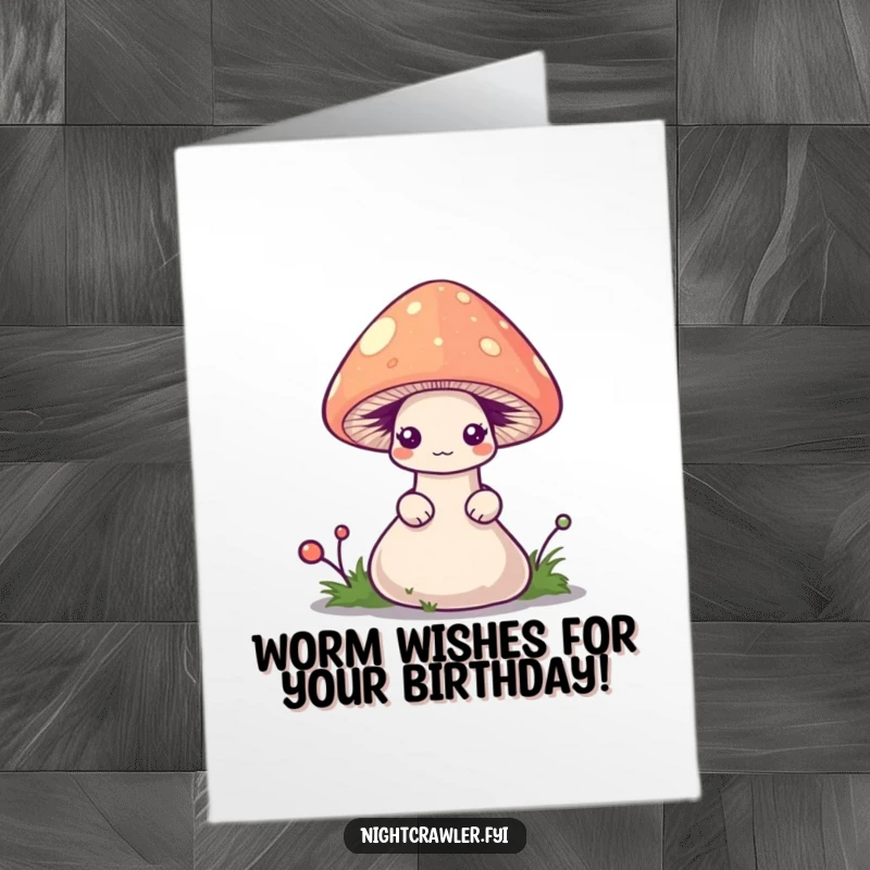 Funny Free Printable Birthday Card: Shy worm peeking from under a small, luminous mushroom cap. Sweet scene.