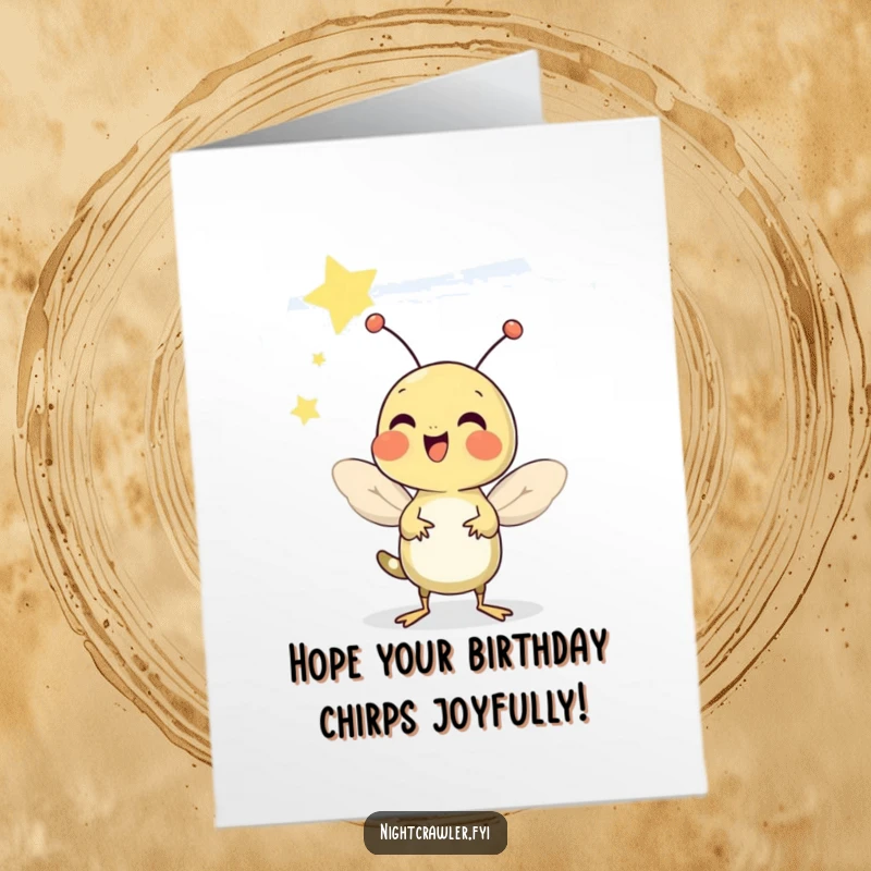 Funny Free Printable Birthday Card: Cheerful cricket chirps merrily beneath a vast, starry night sky.