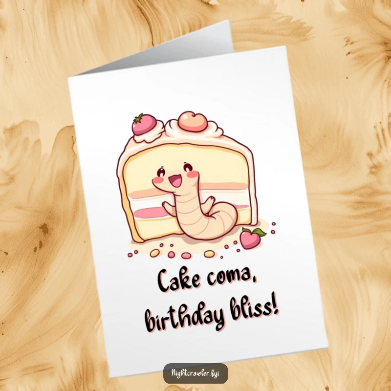 Funny Free Printable Birthday Card: A cute earthworm joyfully burrowing through a giant cake, celebrating birthday indulgence.