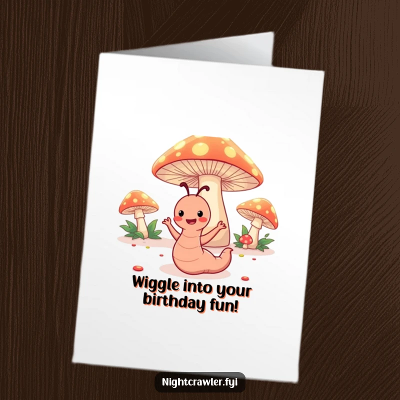 Funny Free Printable Birthday Card: Happy worm dances joyfully under bright, glowing toadstools, celebrating a birthday.