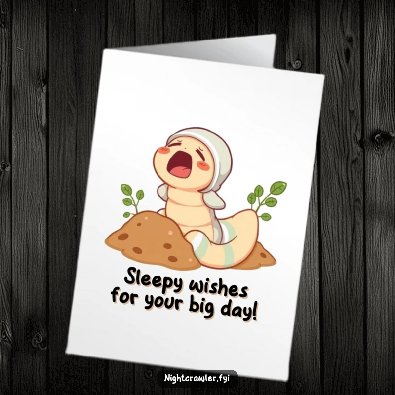Funny Free Printable Birthday Card featuring a cute earthworm in pajamas, yawning widely while peeking from the soil, ready to wish a sleepy happy birthday.