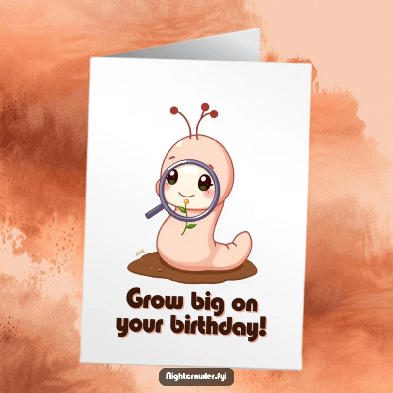 Funny Free Printable Birthday Card: Cute worm with a magnifying glass examines a tiny green sprout, celebrating growth.