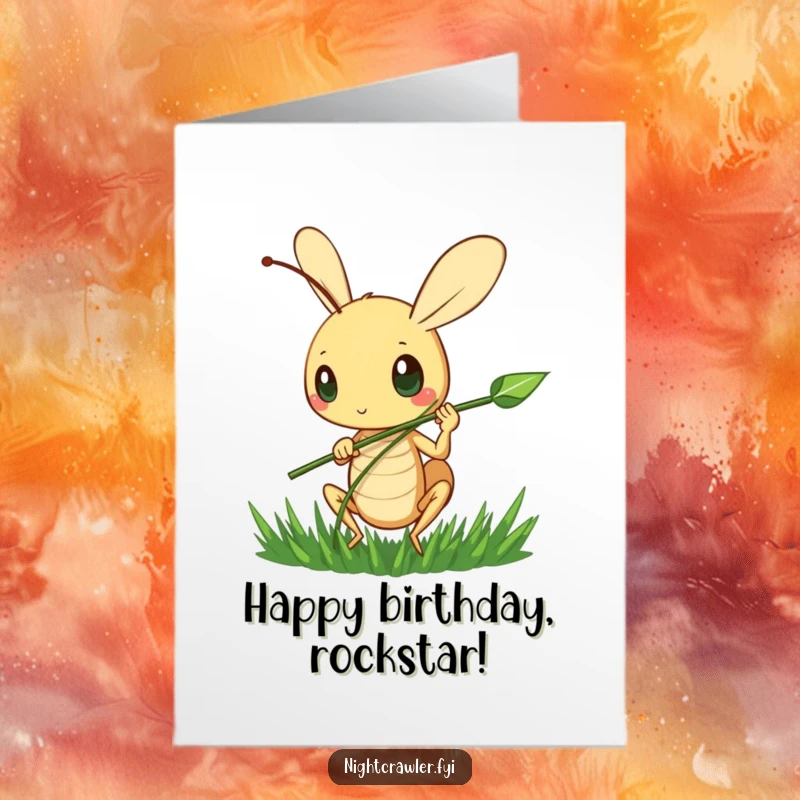 Funny Free Printable birthday card with a cute cricket character happily strumming a blade of grass, creating a whimsical scene.
