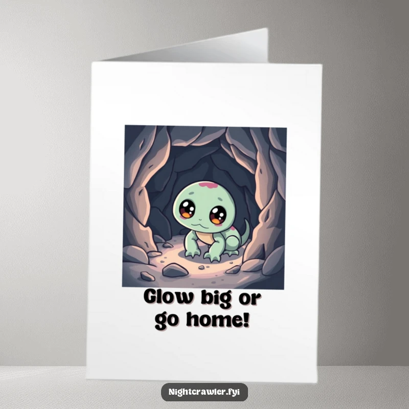 Funny Free Printable Birthday Card: Bright-eyed night crawler peeking curiously into a tiny cave, ready for adventure.