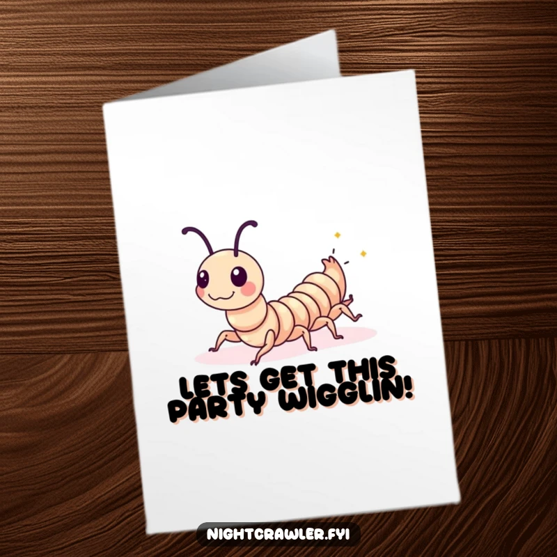 Funny Free Printable Birthday Card: Playful centipede doing a synchronized wiggle with tiny glowing spots, celebrating joyfully.