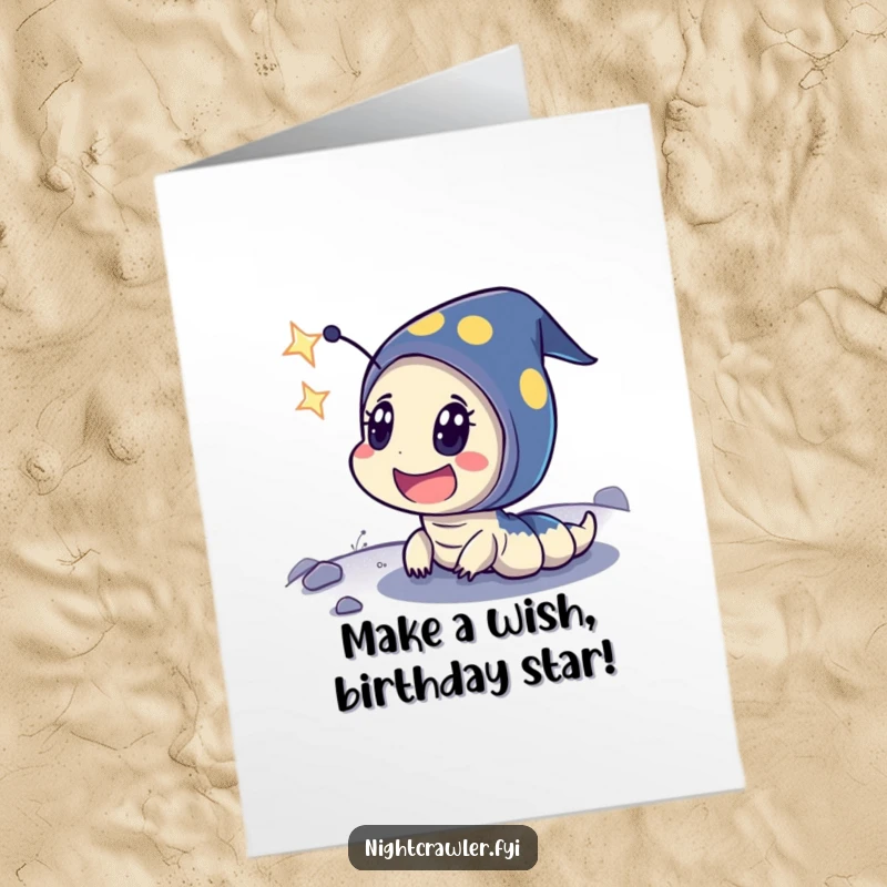 Funny Free Printable Birthday Card: Night crawler gasps in shock at a shooting star, making wishes come true.