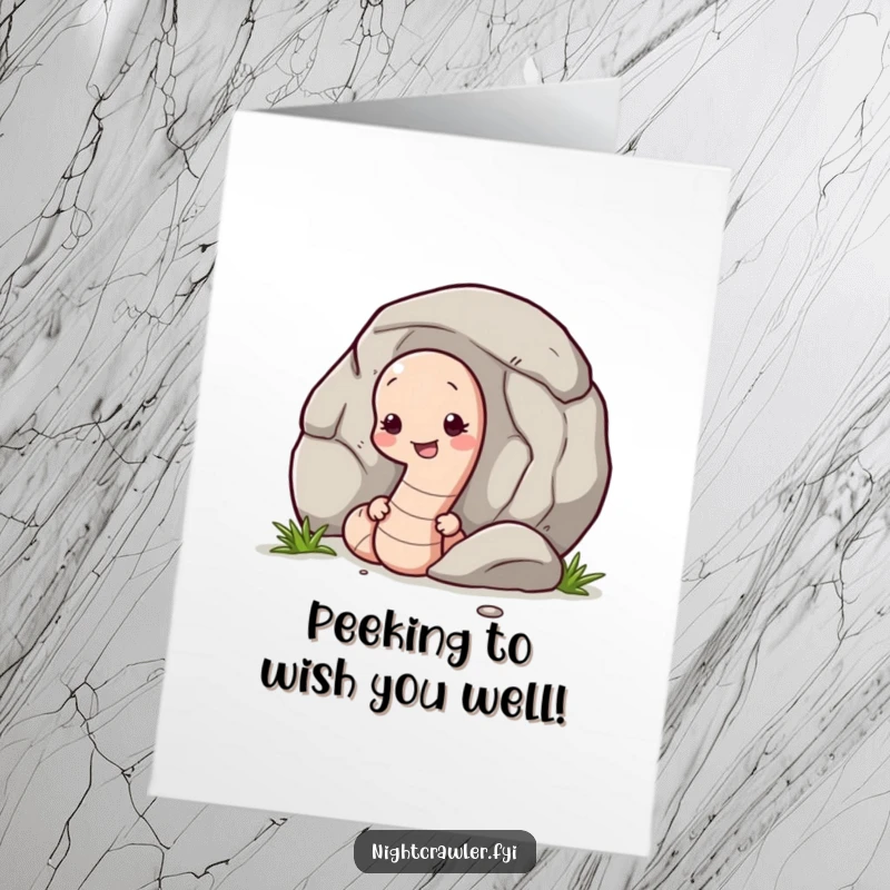 Funny Free Printable Birthday Card: Shy earthworm peeking from behind a large pebble, offering a bashful greeting.
