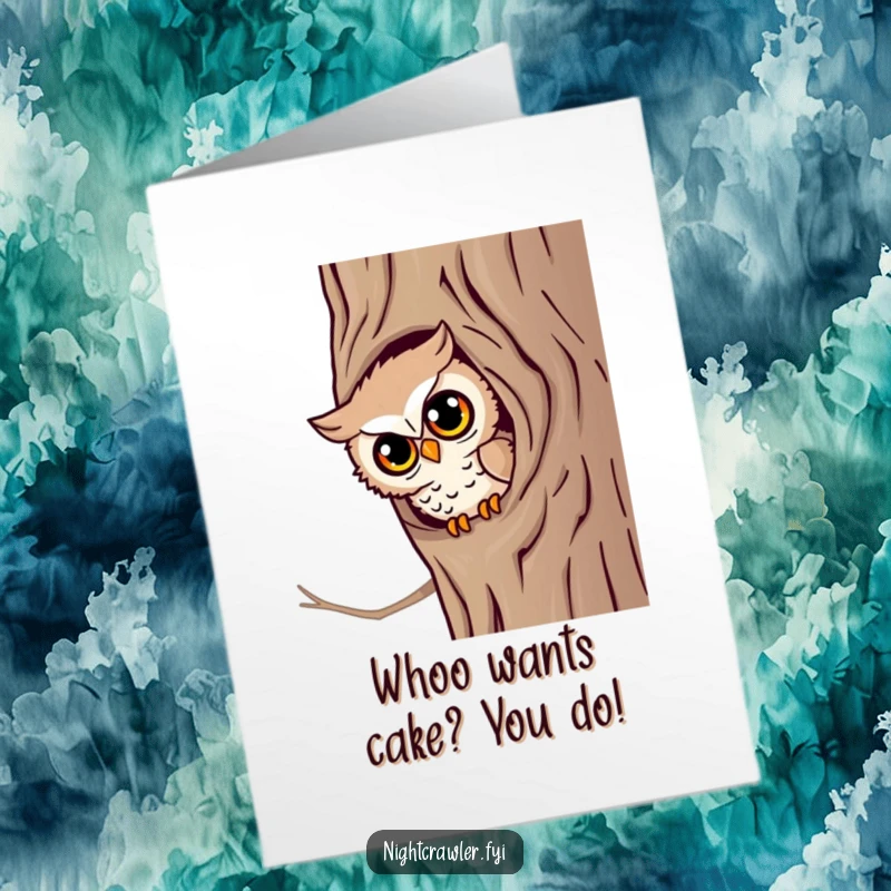 Funny Free Printable birthday card featuring a little owl peeking from a tree hollow with bright, curious eyes, a sweet surprise.