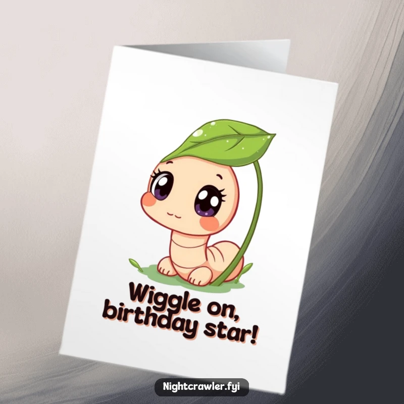 Funny Free Printable Birthday Card: Cute worm character peeking from a dewy leaf with wide, curious eyes.