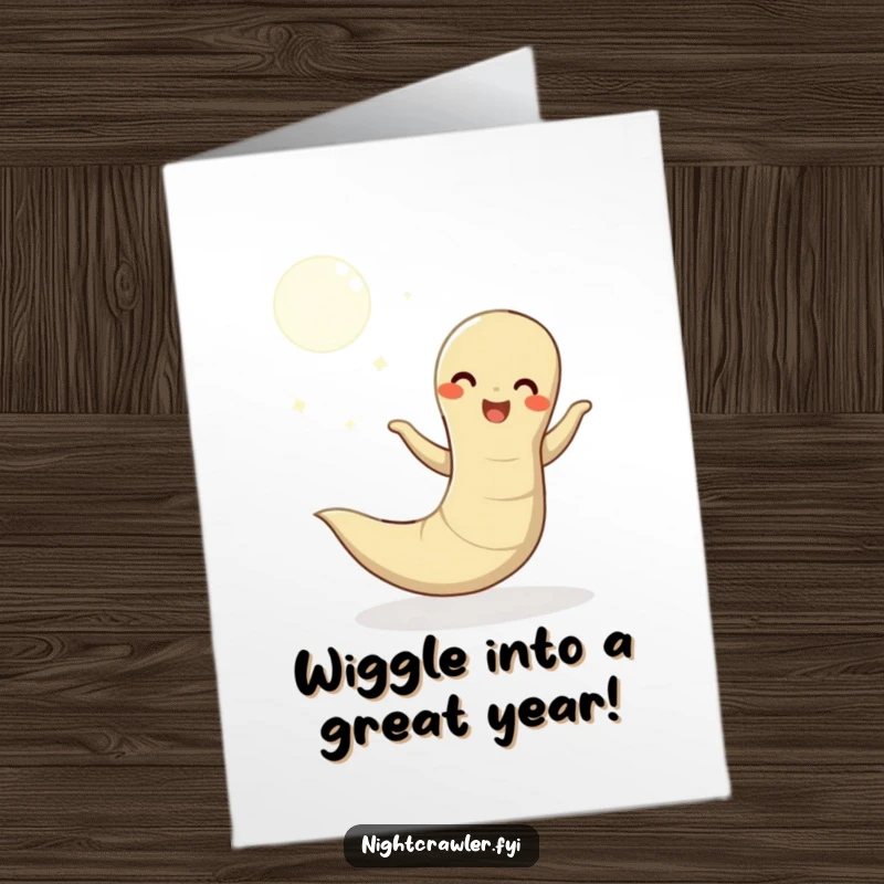 Funny Free Printable Birthday Card: Happy earthworm dancing joyfully under a big moon, celebrating good times.