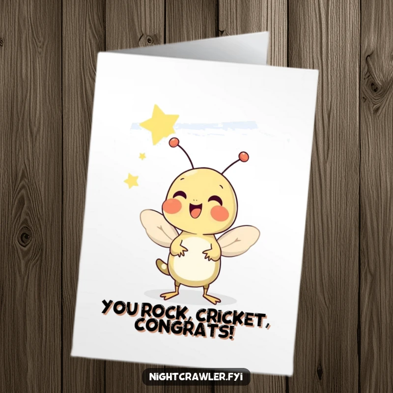 Funny Free Printable Congratulations Card: A happy cricket chirps under a starry sky, celebrating achievement with music.