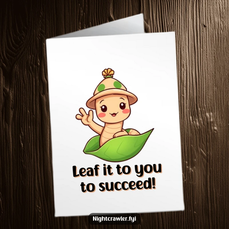 Funny Free Printable Congratulations Card: Cute earthworm in a tiny hat waving hello from a leaf, congratulating success with a friendly gesture, downloadable art.