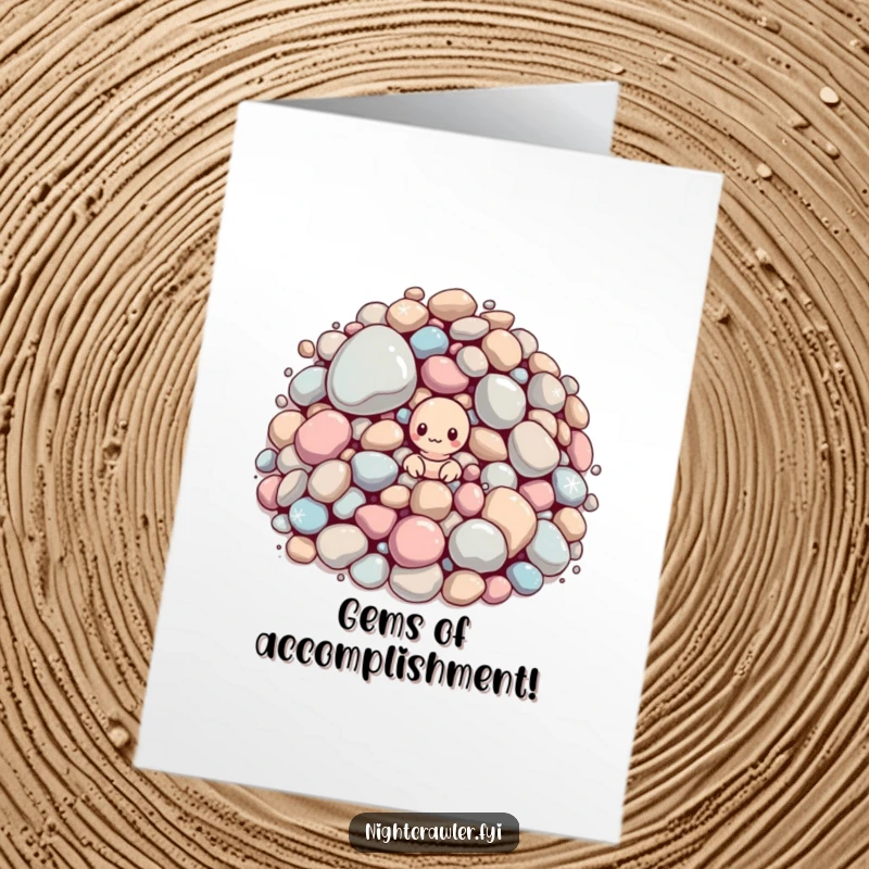 Funny Free Printable Congrats Card: Small worm peers out from a mound of large, sparkling pebbles, a celebratory downloadable.