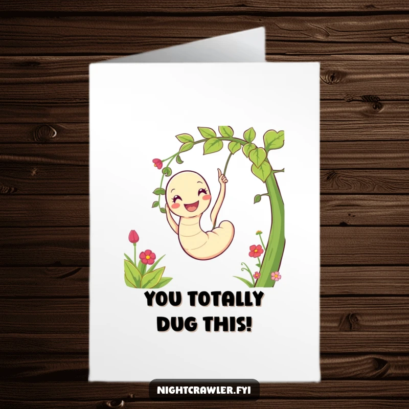 Funny free printable congratulations card showcasing a happy worm swinging on a vine, signifying exciting achievements.