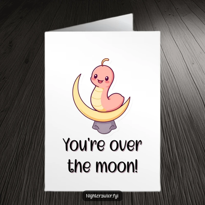 Funny Free Printable Congratulations Card: Grinning kawaii worm balances on a crescent moon, celebrating a great success.
