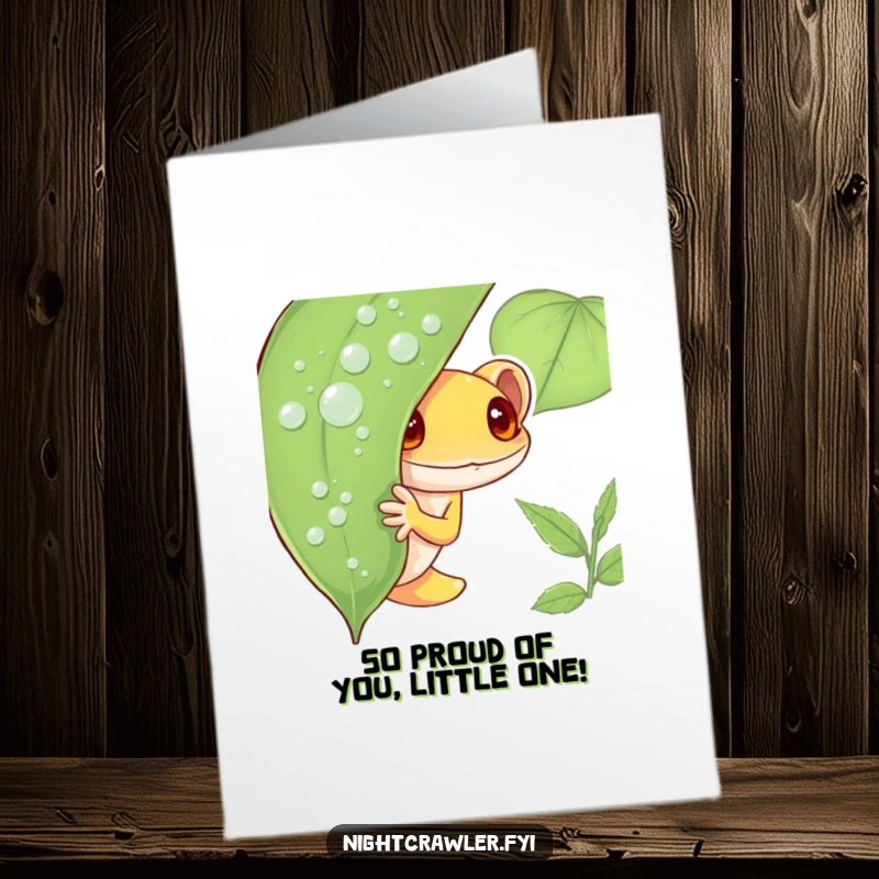 Funny Free Printable Congrats Card: Shy gecko emerging from a leaf, subtly celebrating success, charming.