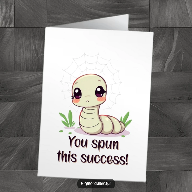 Funny Free Printable Congratulations Card showing a kawaii worm character looking inquisitively at a shimmering spider web.