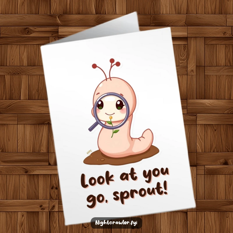 Funny Free Printable Congratulations Card: Cute worm inspects a tiny sprout with a magnifying glass, celebrating new growth.