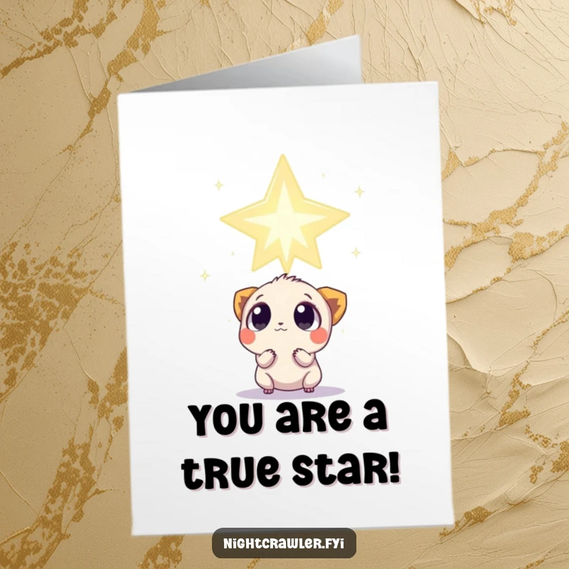 Funny Free Printable Congratulations Card: Small creature with curious eyes observes a colossal, twinkling star, celebrating a monumental success.