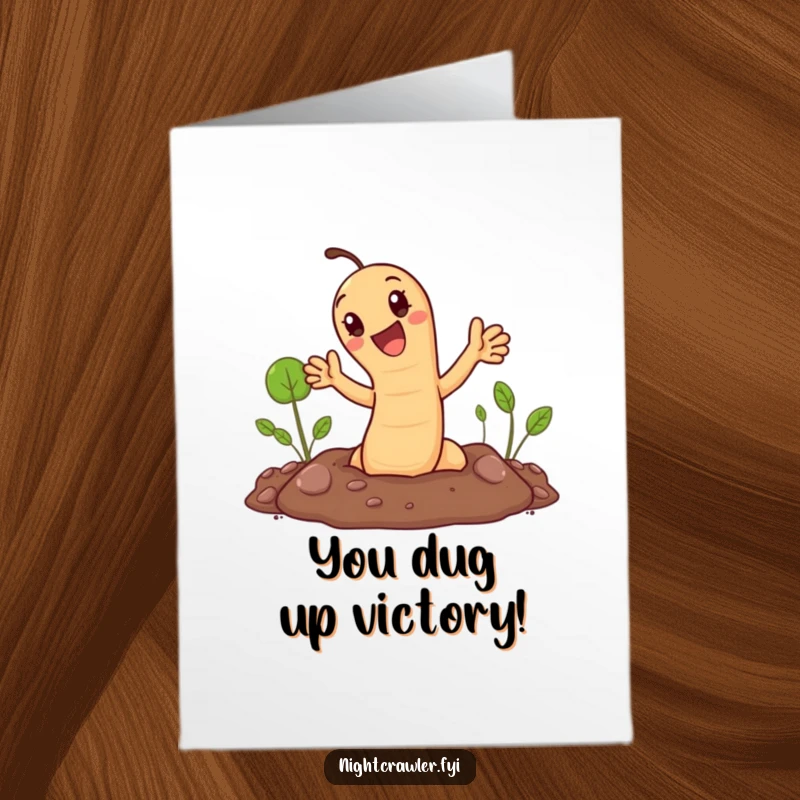 Funny Free Printable Congrats Card: Adorable earthworm emerges from the ground with a cheerful wave, a celebratory downloadable.