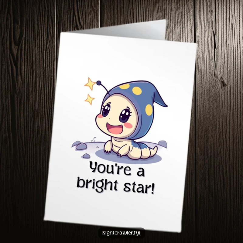 Funny Free Printable Congratulations Card: Night crawler's eyes widen in exaggerated surprise watching a shooting star, celebrating big wins.