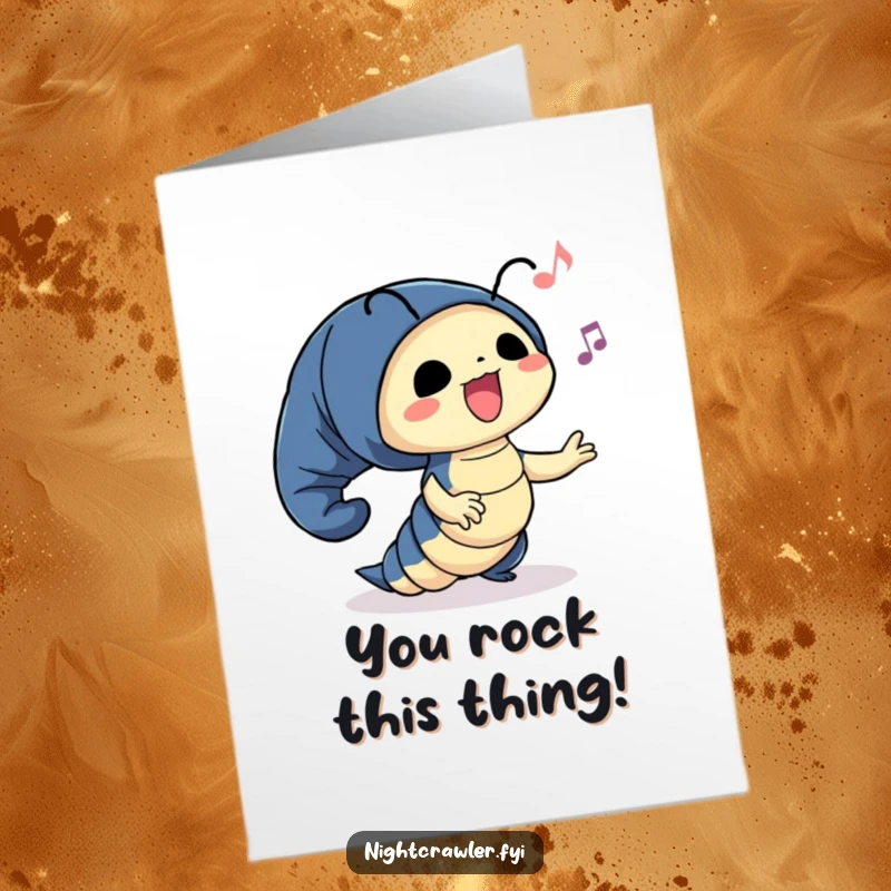 Funny Free Printable Congratulations Card: A cute night crawler happily sways to music, celebrating achievements with a dance.