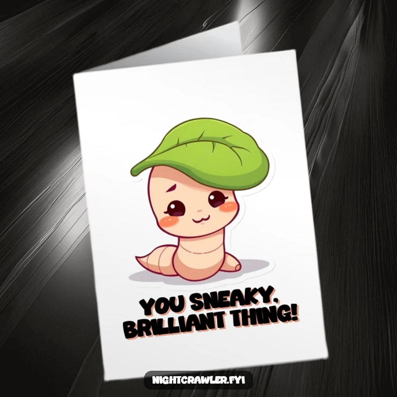 Funny Free Printable Congrats Card: Worm character with a mischievous smirk, peeking out from under a leaf, celebrating secretly.