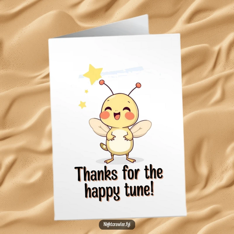 Funny Free Printable Thank You Card: A cheerful cricket chirps merrily under a starry sky, expressing thanks.