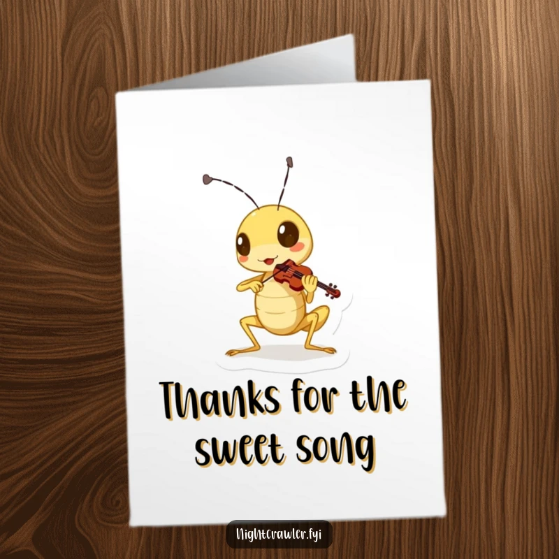 Funny Free Printable Thank You Card of a cute cricket playing a miniature violin with gusto, conveying thanks through cheerful music.