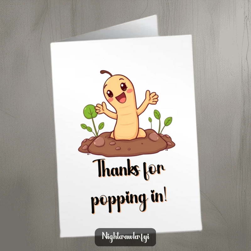 Funny Free Printable Thank You Card: Cute earthworm happily emerging from the soil and waving, a cheerful thank you.