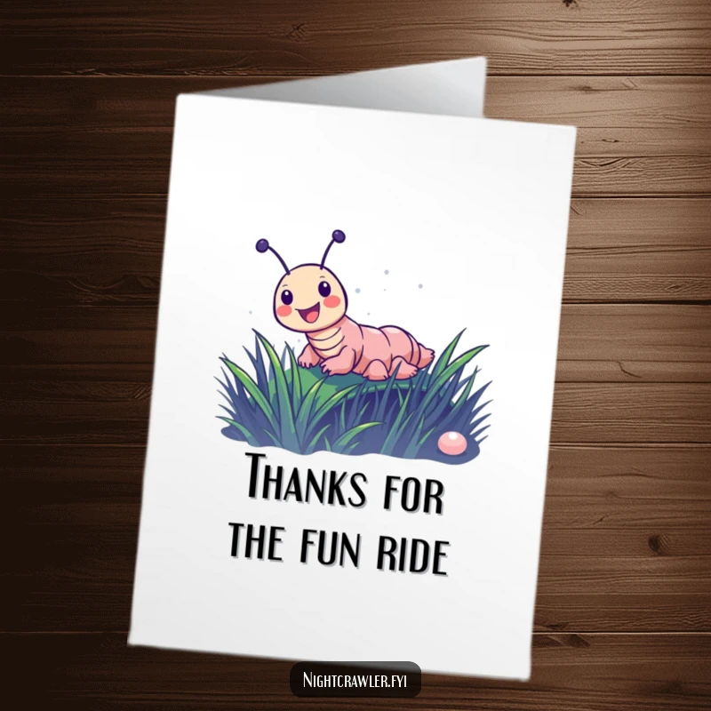 Funny Free Printable Thank You Card: Happy night crawler sliding down grass, leaving a trail of thanks.