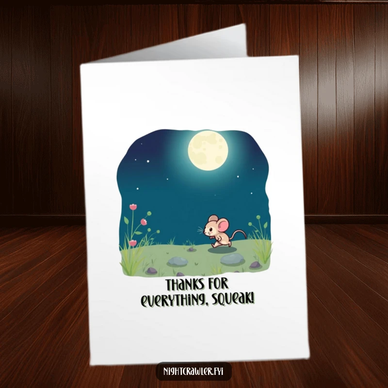 Funny Free Printable Thank You Card: A small mouse playfully scurries across the moonlit ground, offering thanks.